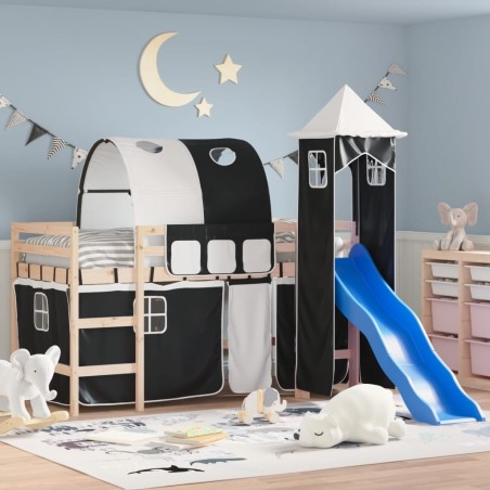 Lit mezzanine enfants et tour sans matelas blanc noir 80x200cm 