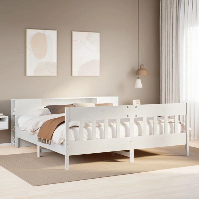 Lit bibliothèque sans matelas blanc 200x200 cm bois pin massif 