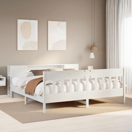 Lit bibliothèque sans matelas blanc 200x200 cm bois pin massif 