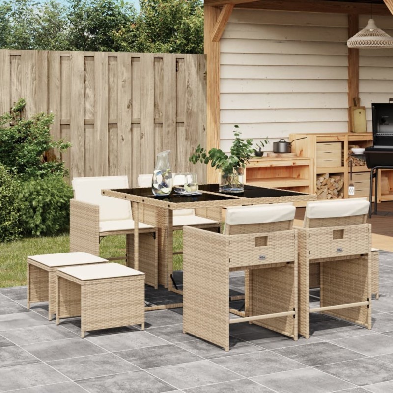 Ensemble à manger de jardin et coussins 9 pcs beige Poly rotin 