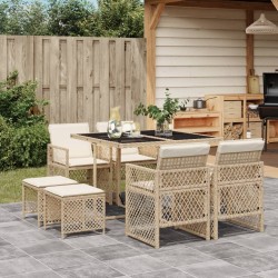 Ensemble à manger de jardin et coussins 9 pcs beige Poly rotin 