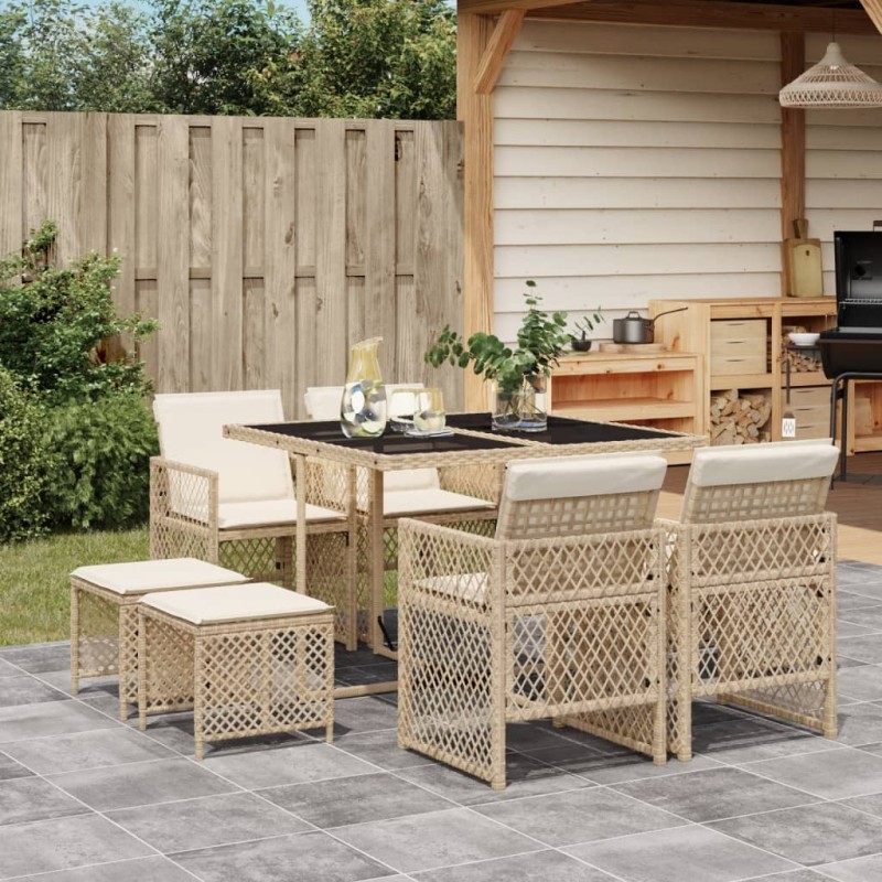 Ensemble à manger de jardin et coussins 9 pcs beige Poly rotin 