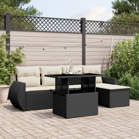Salon de jardin 6 pcs avec coussins noir résine tressée 