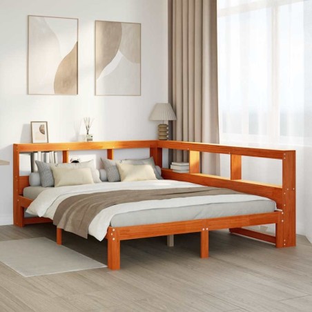 Lit bibliothèque sans matelas cire marron 135x190 cm pin massif 