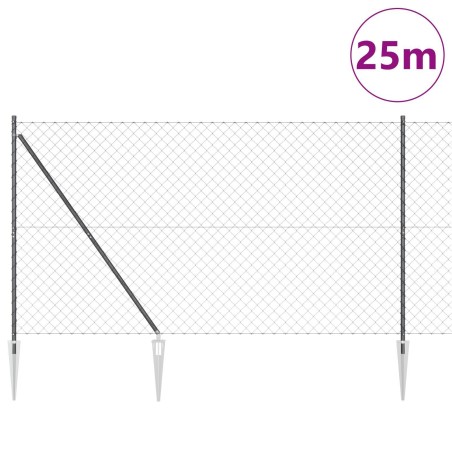 Clôture en maillon avec 13 poteaux en pointe 1,6x25 m en acier galvanisé 