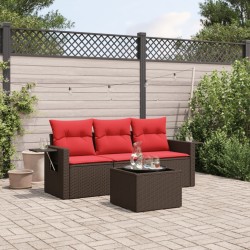 Salon de jardin 4 pcs avec coussins marron résine tressée 