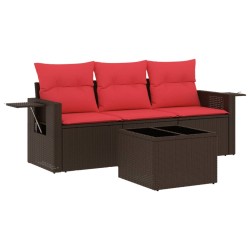 Salon de jardin 4 pcs avec coussins marron résine tressée 