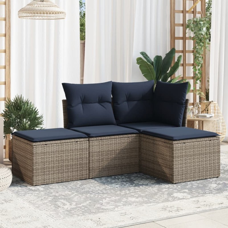 Salon de jardin 4 pcs avec coussins gris résine tressée 