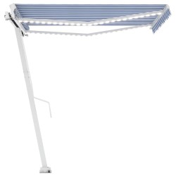 Auvent manuel rétractable avec LED 350x250 cm Bleu et blanc 