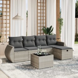 Salon de jardin 6 pcs avec coussins gris clair résine tressée 