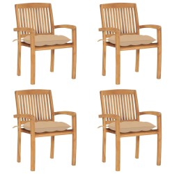 Chaises de jardin empilables avec coussins lot de 4 Teck solide 