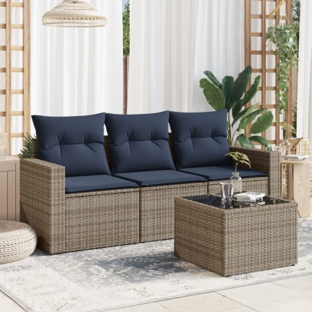 Salon de jardin 4 pcs avec coussins gris résine tressée 