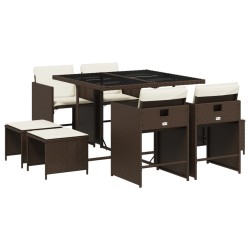 Ensemble à manger de jardin et coussins 9 pcs marron poly rotin 