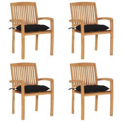 Chaises de jardin empilables avec coussins lot de 4 Teck solide 