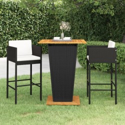 Ensemble de bar de jardin 3 pcs et coussins Résine tressée Noir 