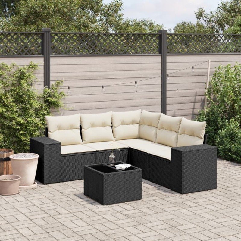 Salon de jardin 6 pcs avec coussins noir résine tressée 