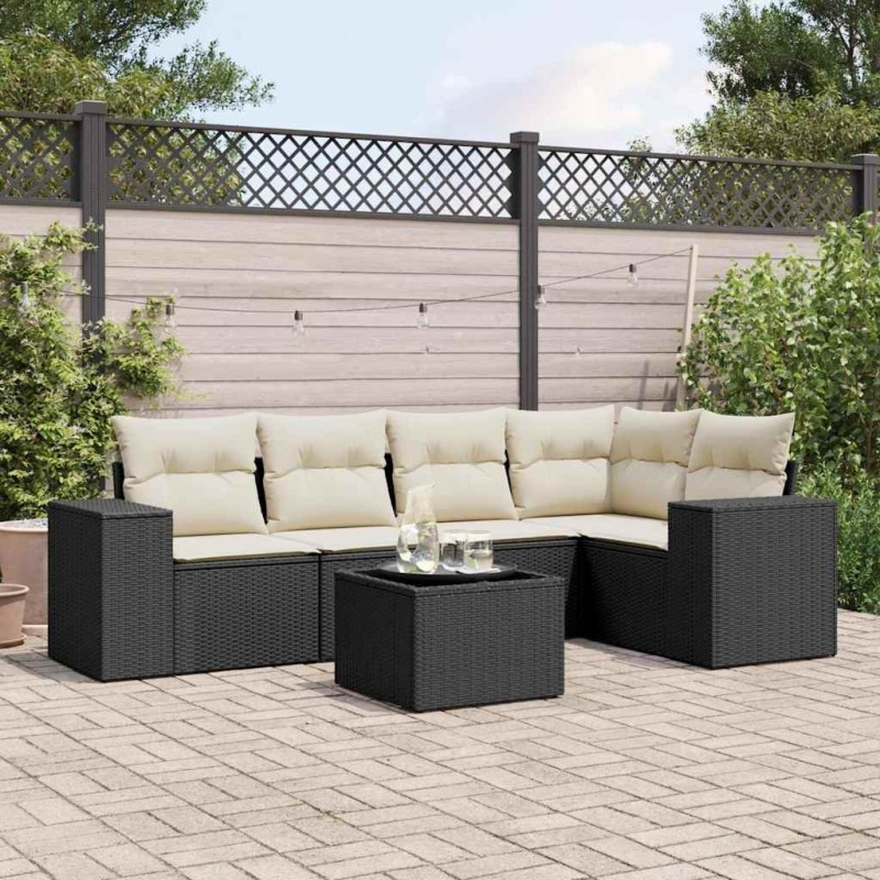 Salon de jardin 6 pcs avec coussins noir résine tressée 