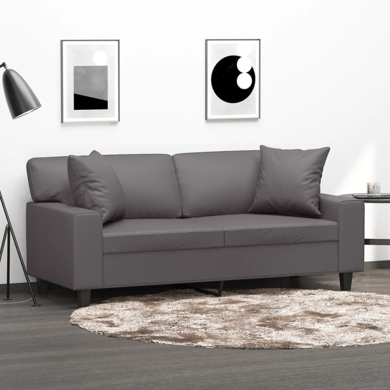 Canapé 2 places avec oreillers décoratifs gris 140cm similicuir 