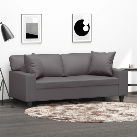 Canapé 2 places avec oreillers décoratifs gris 140cm similicuir 