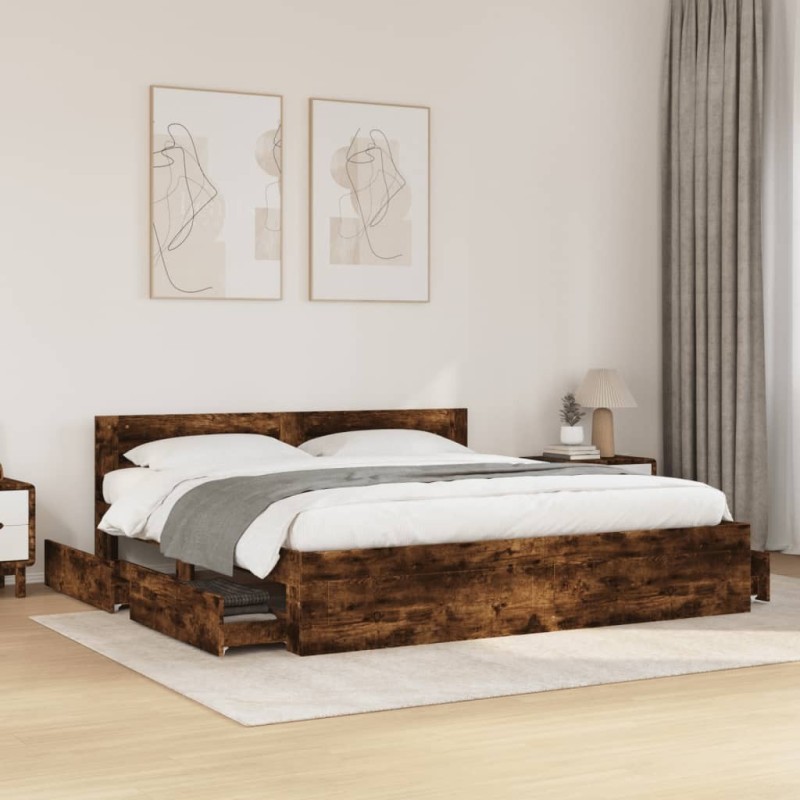 Cadre de lit avec tête de lit sans matelas chêne fumé 180x200cm 