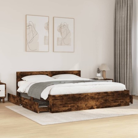 Cadre de lit avec tête de lit sans matelas chêne fumé 180x200cm 