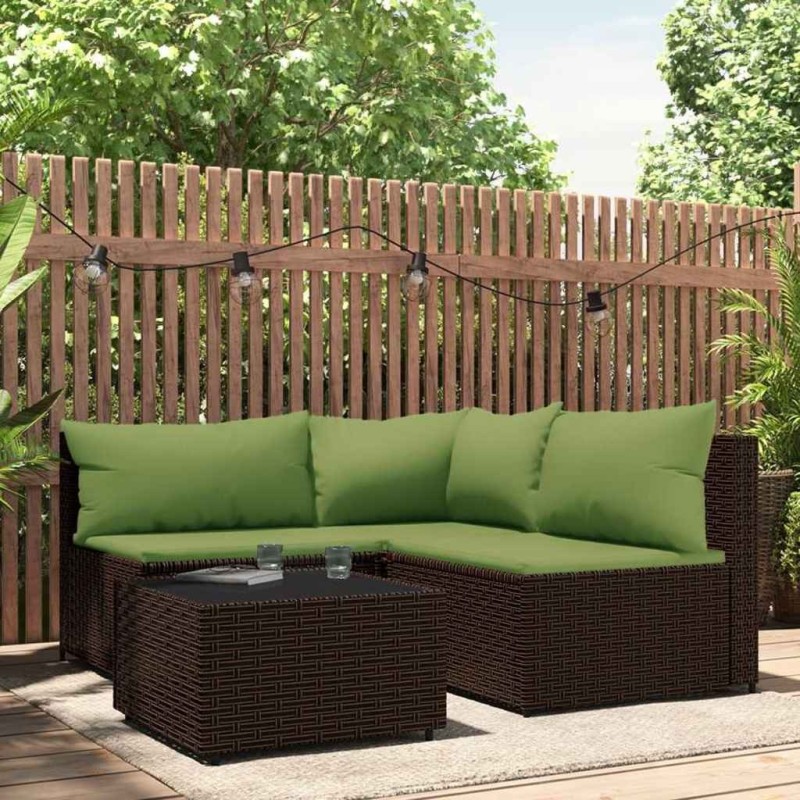 Salon de jardin 4 pcs avec coussins Marron Résine tressée 