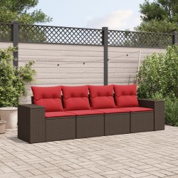 Salon de jardin 4 pcs avec coussins marron résine tressée 