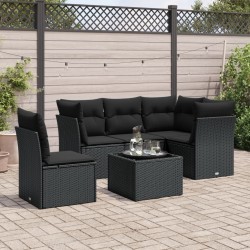 Salon de jardin 6 pcs avec coussins noir résine tressée 
