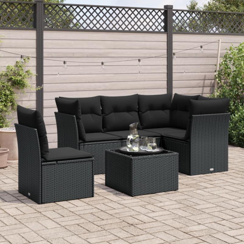 Salon de jardin 6 pcs avec coussins noir résine tressée 
