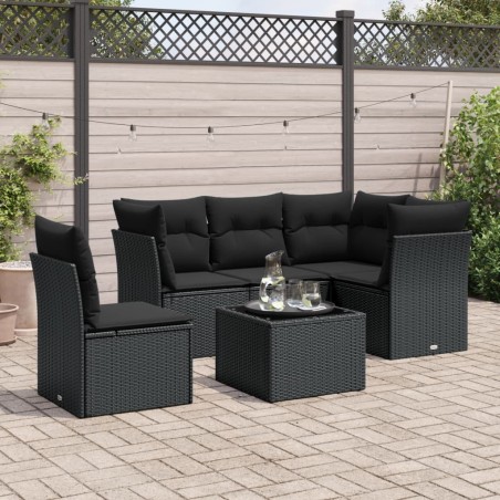 Salon de jardin 6 pcs avec coussins noir résine tressée 