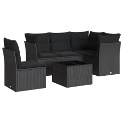 Salon de jardin 6 pcs avec coussins noir résine tressée 