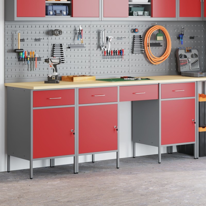 Ensemble de bureau et table en 4 piècesen bois composite et acier rouge 