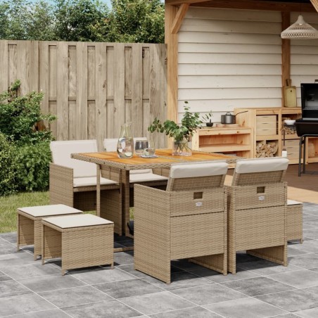 Ensemble à manger de jardin et coussins 9 pcs beige Poly rotin 