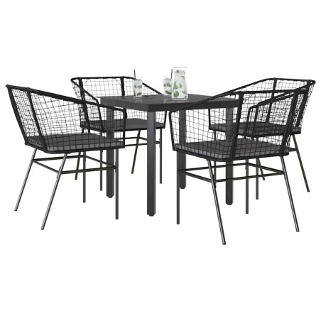 Ensemble à manger de jardin et coussins 5 pcs noir rotin verre 