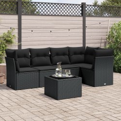 Salon de jardin 6 pcs avec coussins noir résine tressée 