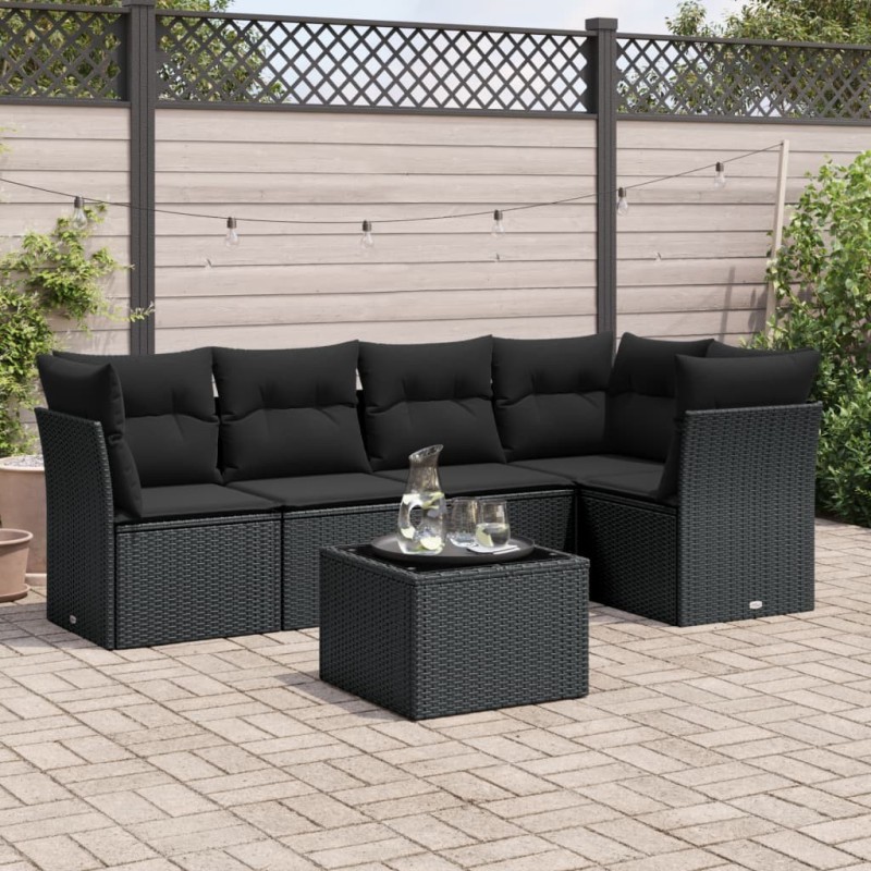 Salon de jardin 6 pcs avec coussins noir résine tressée 