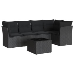 Salon de jardin 6 pcs avec coussins noir résine tressée 