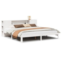 Lit bibliothèque sans matelas blanc 200x200 cm bois pin massif 