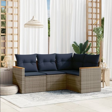 Salon de jardin 4 pcs avec coussins gris résine tressée 