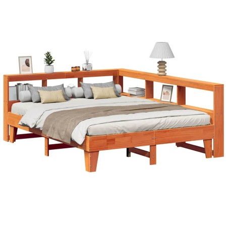 Lit bibliothèque sans matelas cire marron 150x200 cm pin massif 