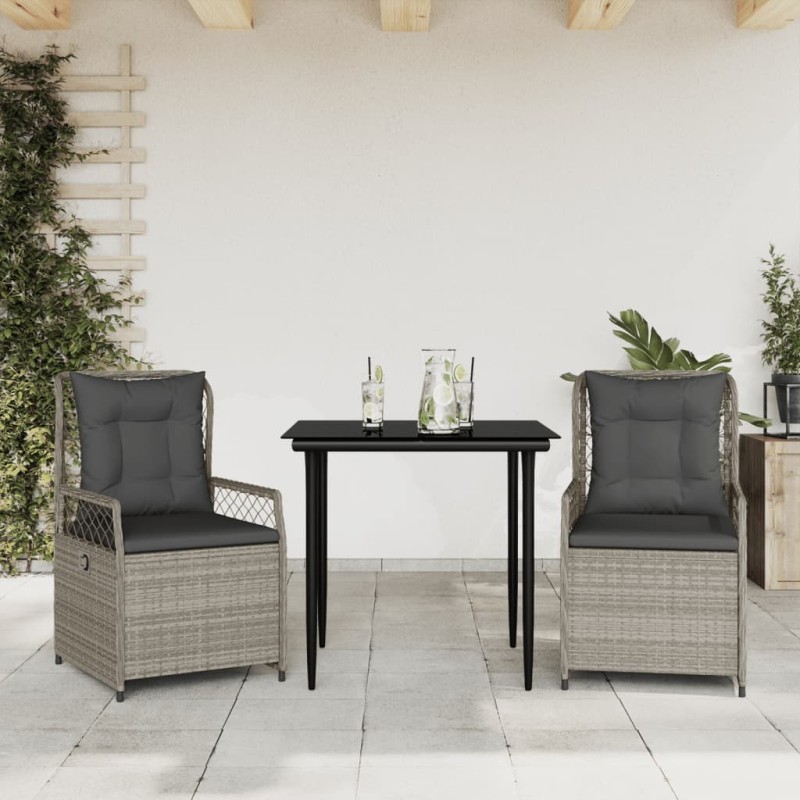 Ensemble à manger de jardin 3pcs coussins gris clair poly rotin 