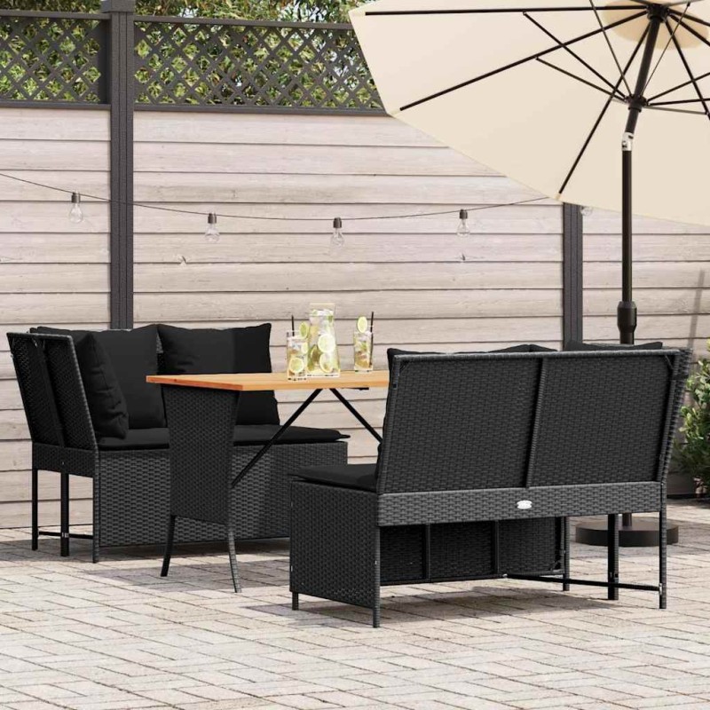 Salon de jardin 3 pcs avec coussins noir résine tressée 