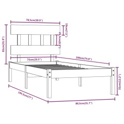 Cadre de lit sans matelas noir 75x190 cm bois massif 
