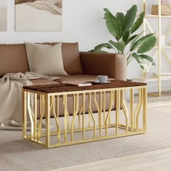 Table basse doré acier inoxydable et bois massif récupération 