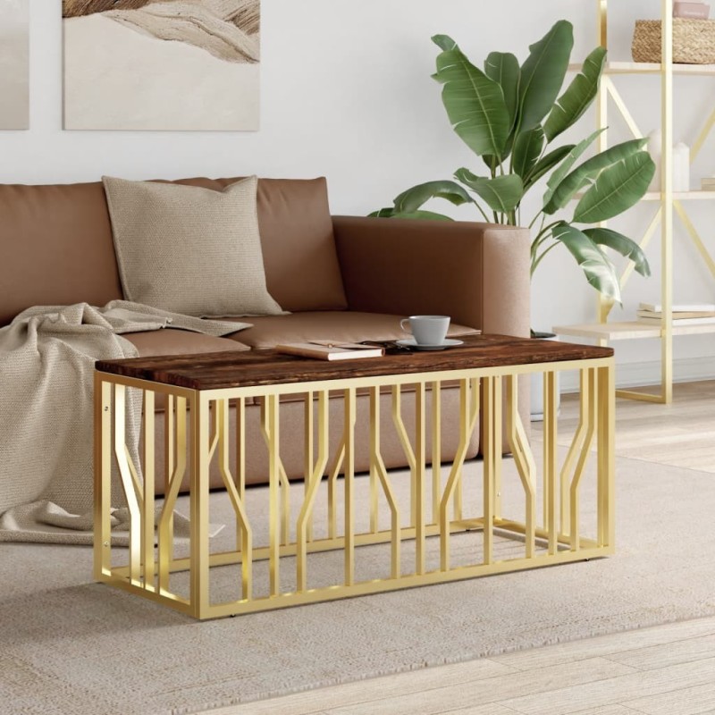 Table basse doré acier inoxydable et bois massif récupération 