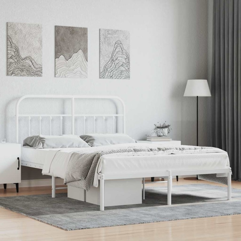 Cadre de lit métal sans matelas et tête de lit blanc 135x190 cm 