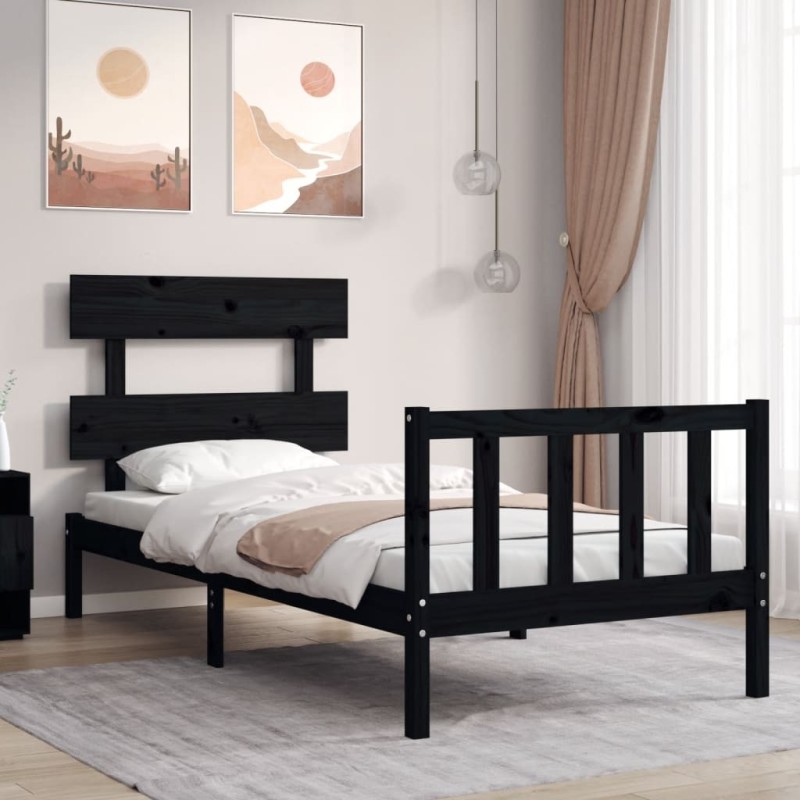Cadre de lit sans matelas noir bois de pin massif 