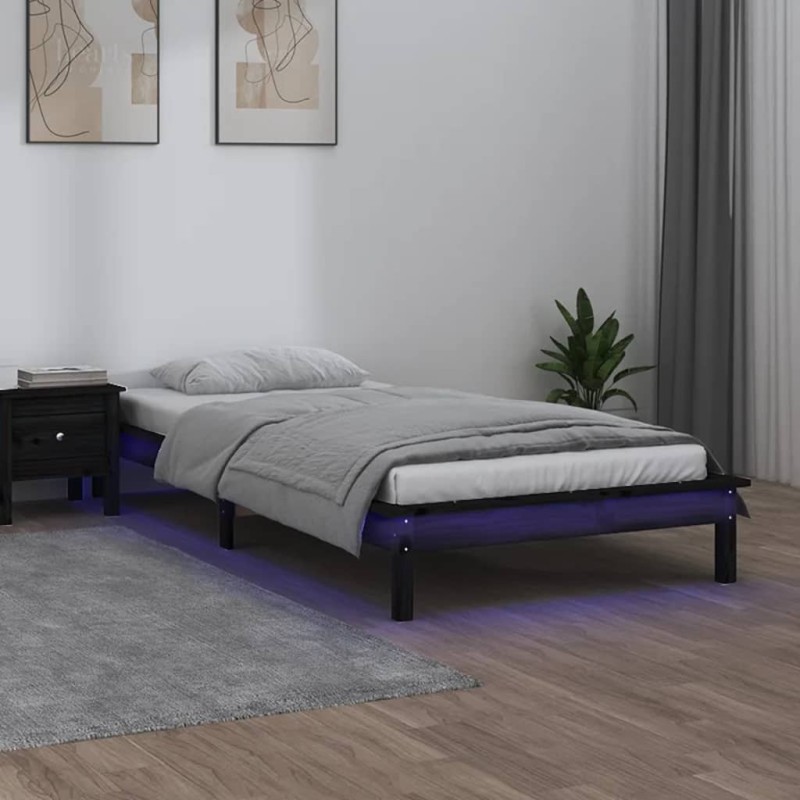 Cadre de lit à LED sans matelas noir 90x190 cm bois massif 