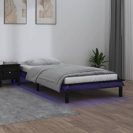 Cadre de lit à LED sans matelas noir 90x190 cm bois massif 