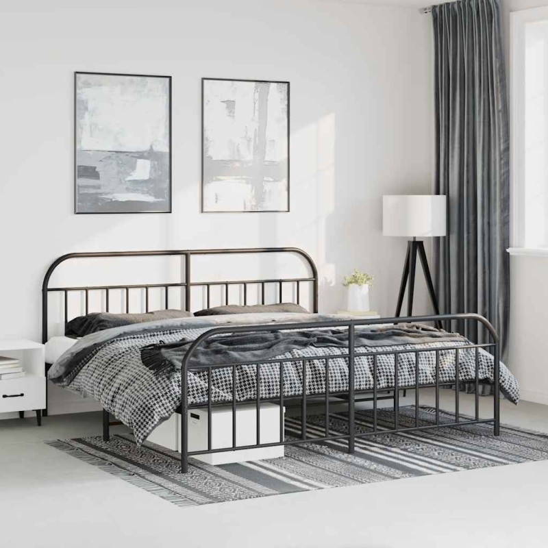 Cadre de lit métal sans matelas avec pied de lit noir 183x213cm 